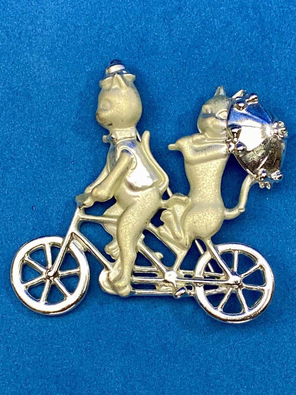 Vintage AJC Two Cats Riding Bicycle  with Umbrella Silver Tone Brooch Pin