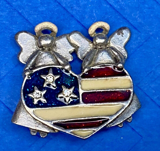 Angels Holding American Flag Heart Vintage Brooch Pin Signed By Ajmc