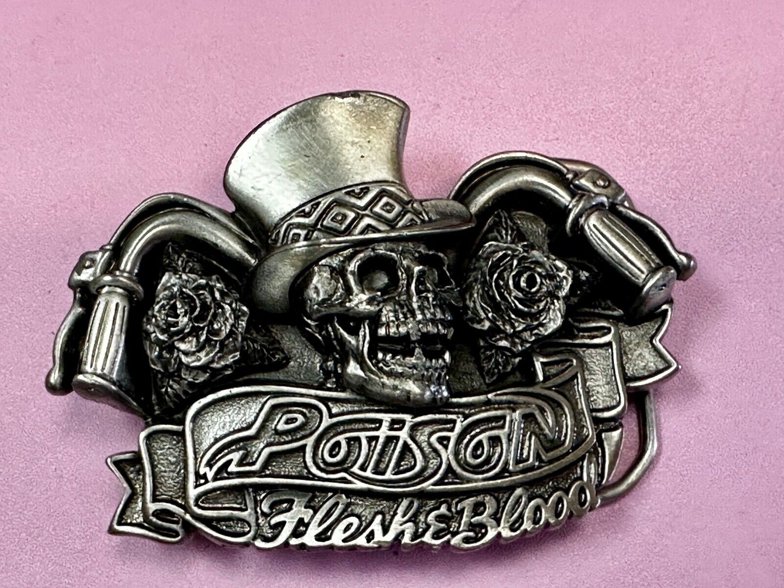 80's Poison Rock Band Skull in Top hat Rose Flesh & Blood Album 1992 Belt Buckle