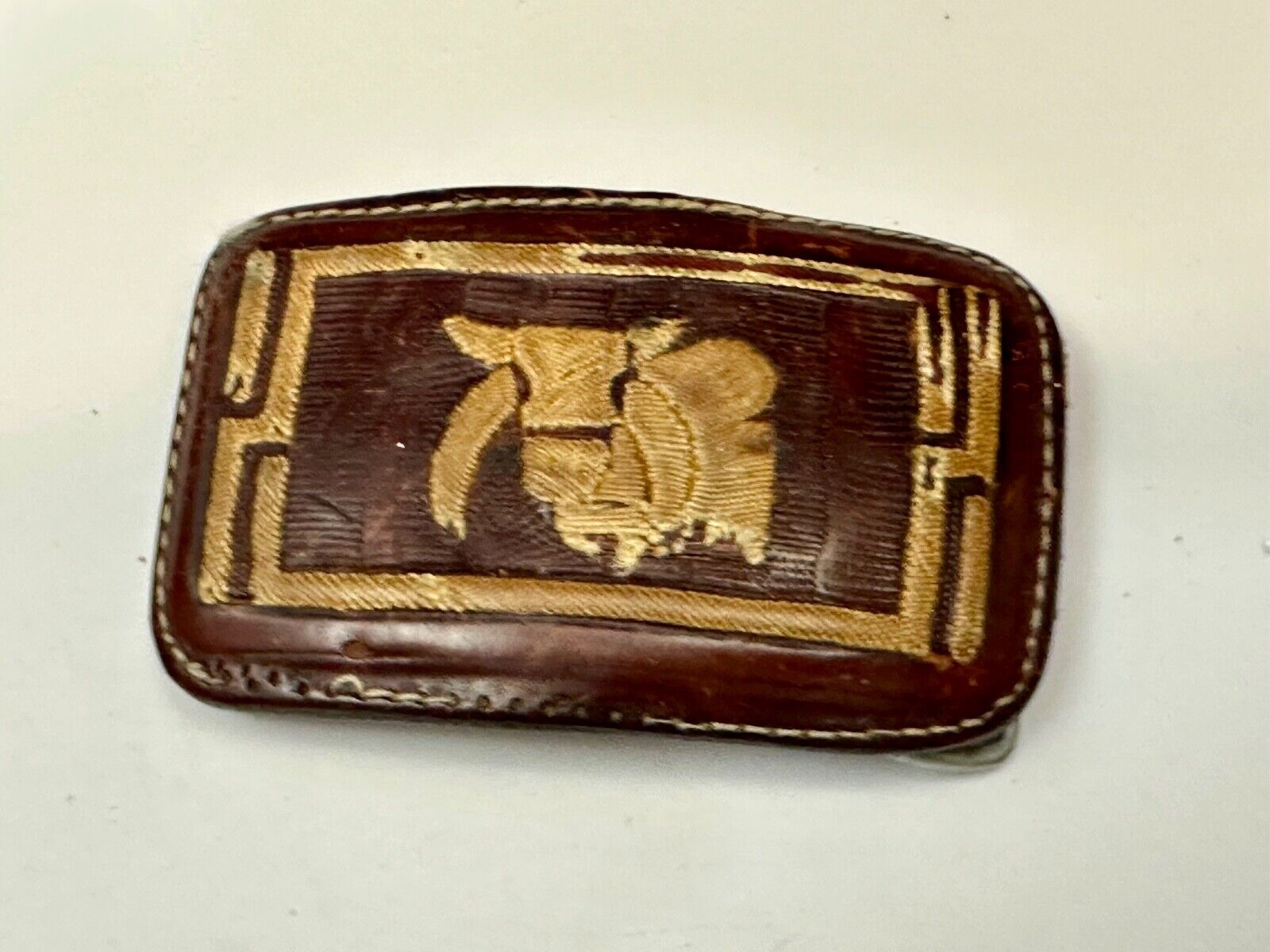 Unique Calf? Cow? Goat? Vintage brown leather stitched Belt Buckle