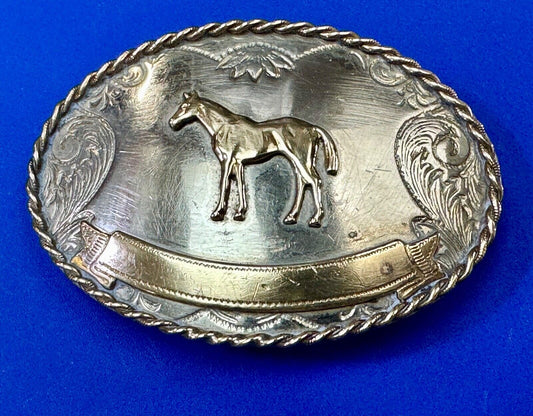 Vintage German Silver Standing Horse Engravable Trophy Award scroll belt buckle