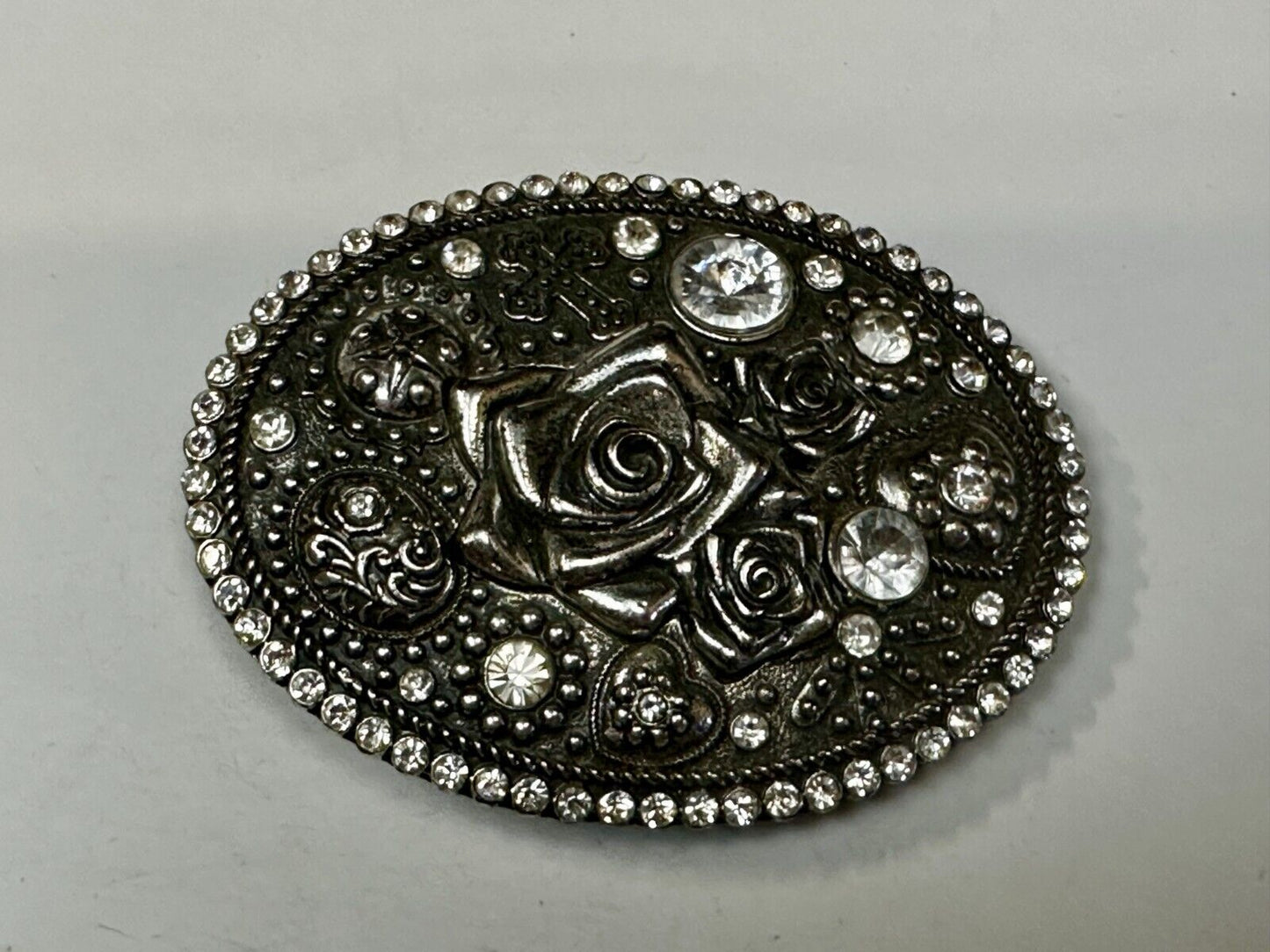 Unique Rose Flower With Rhinestone Accents And Boarder Beautiful Belt Buckle
