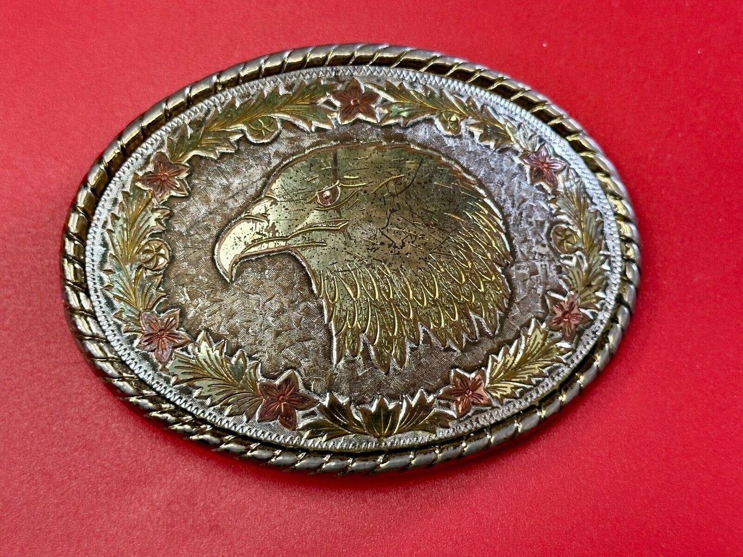 American Bald Eagle Bust profile, Mixed Color Etched belt buckle W Makers Mark