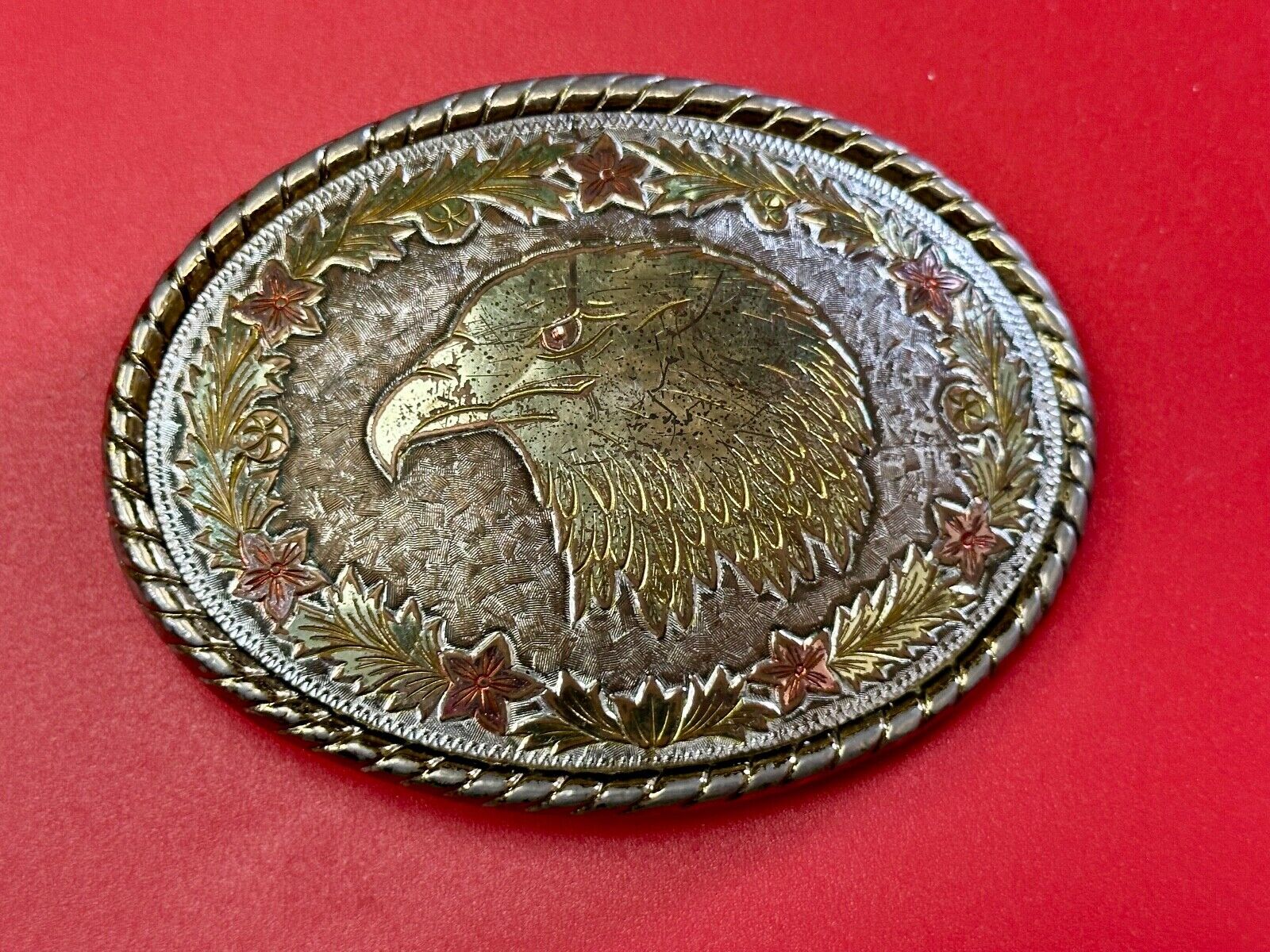 American Bald Eagle Bust profile, Mixed Color Etched belt buckle W Makers Mark
