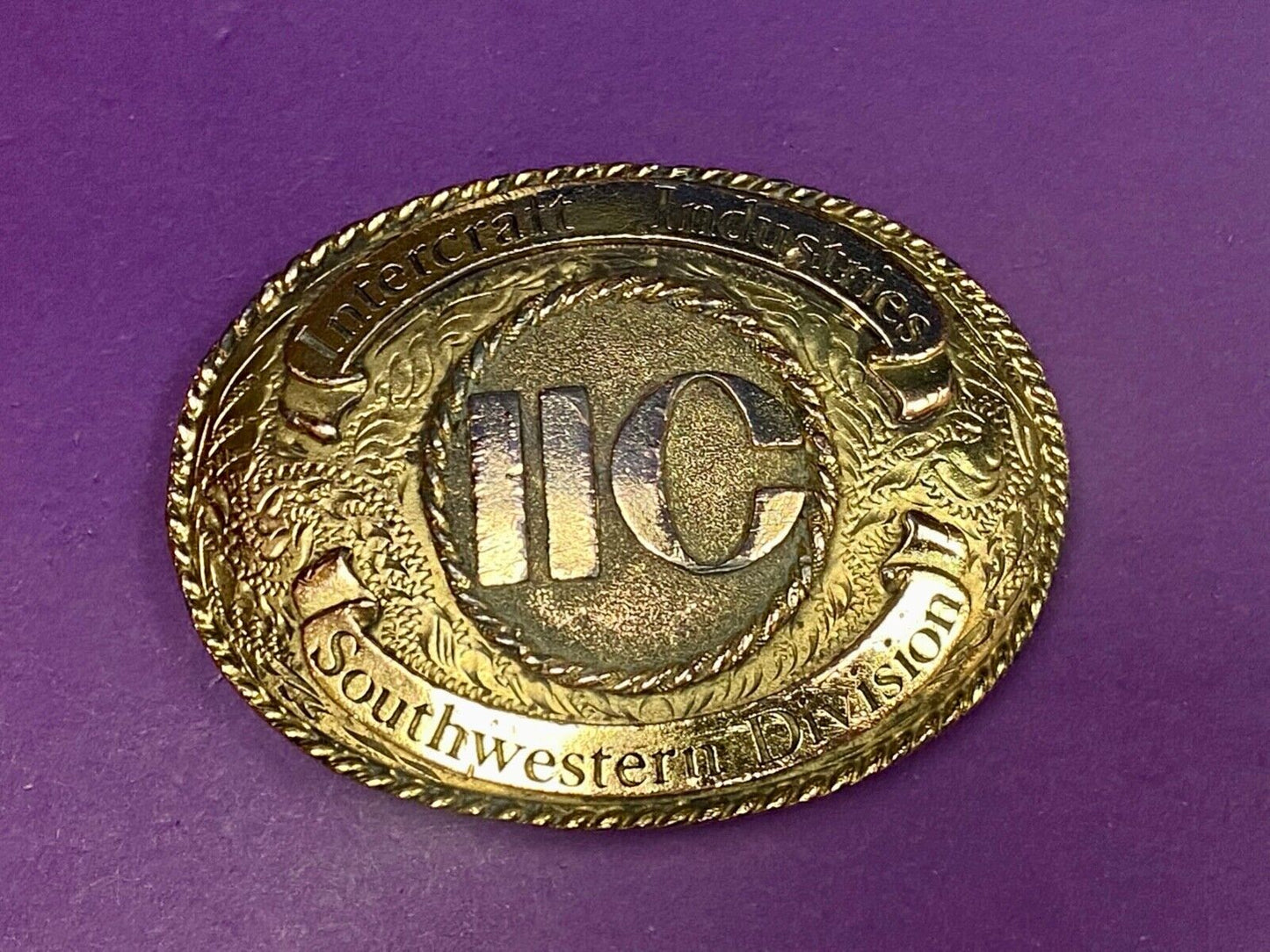 1982  Ornate Intercraft Industries Texas Iic Company Advertising Belt Buckle