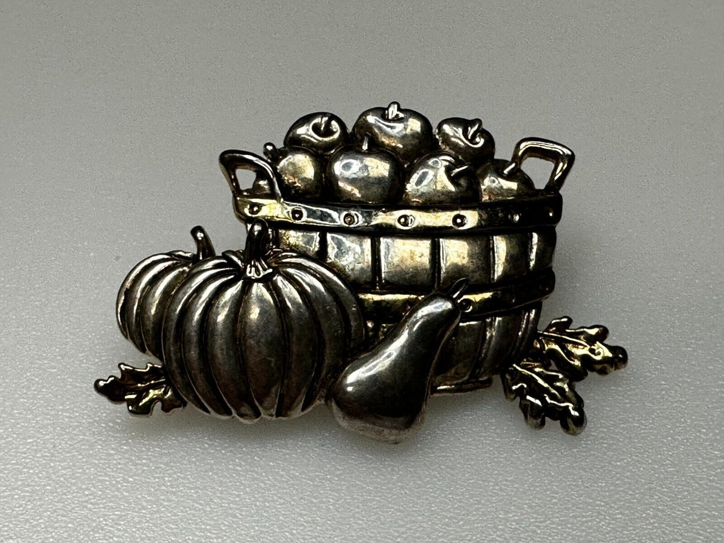 Apple Basket Pumpkin Fall Harvest Autumn Vintage Brooch Pin Signed by MJ