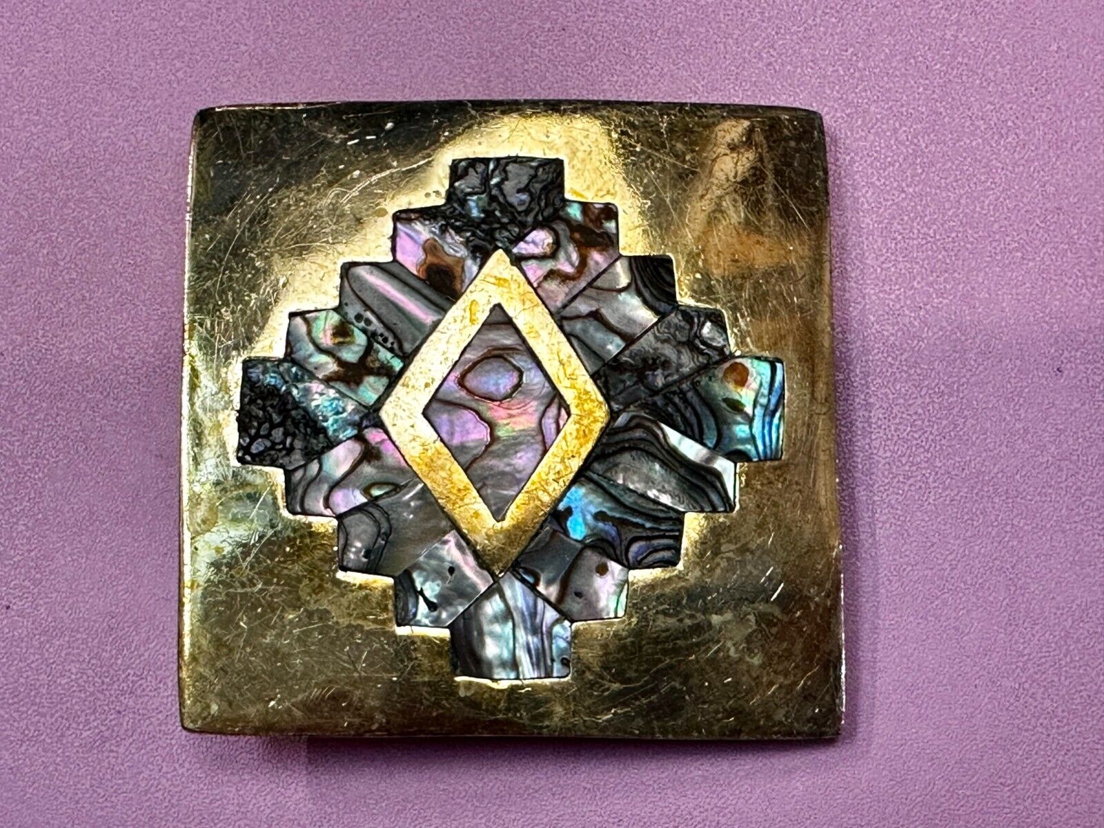 Vintage Inlaid Abalone Shell Into Solid Brass Hippy Vibe Alpaca? Belt Buckle