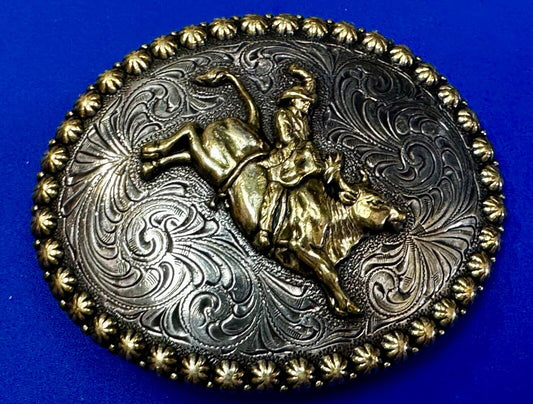 Vintage Cowboy Saddle Bronc western 4"  oval belt buckle with star boarder