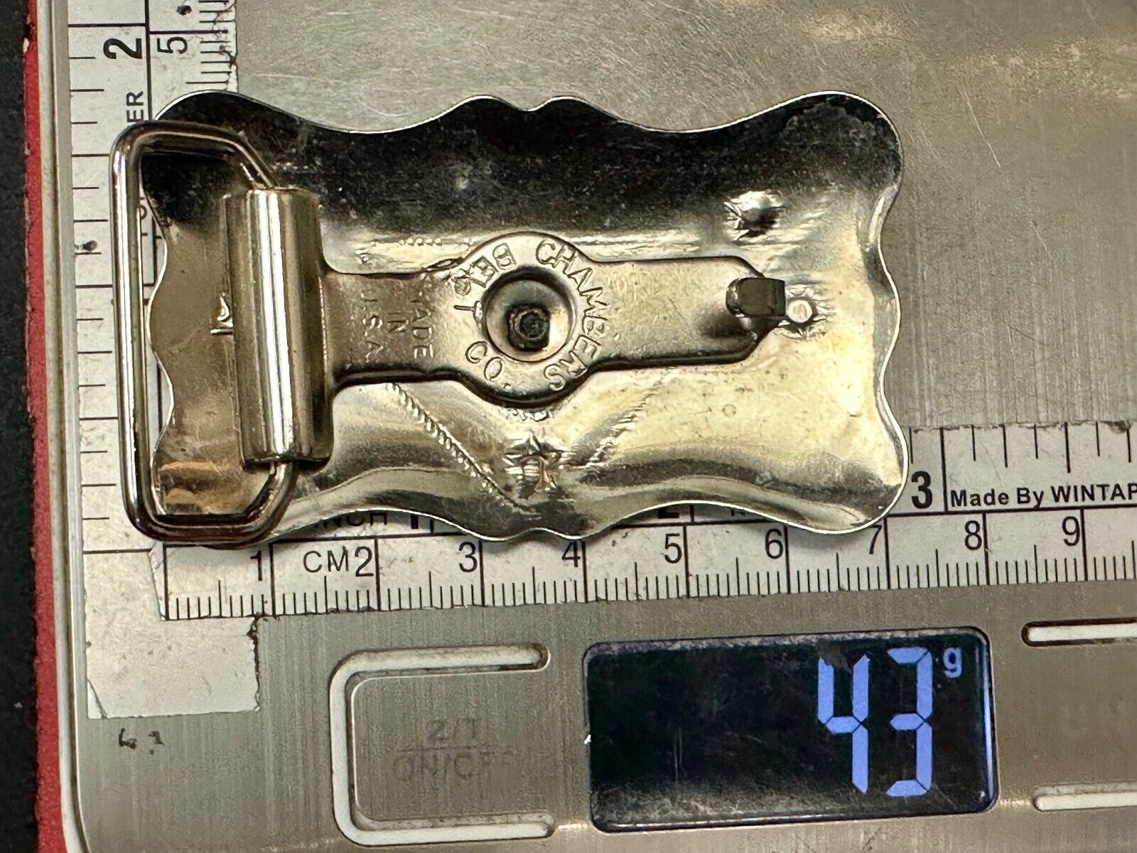 Vintage Chambers Horse head on reflective engraved USA made western Belt Buckle