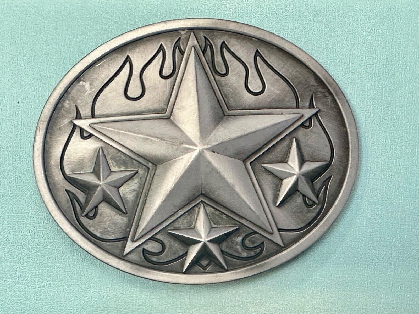 3d Nautical Celtic STAR in flames silver tone oval 4" wide belt buckle