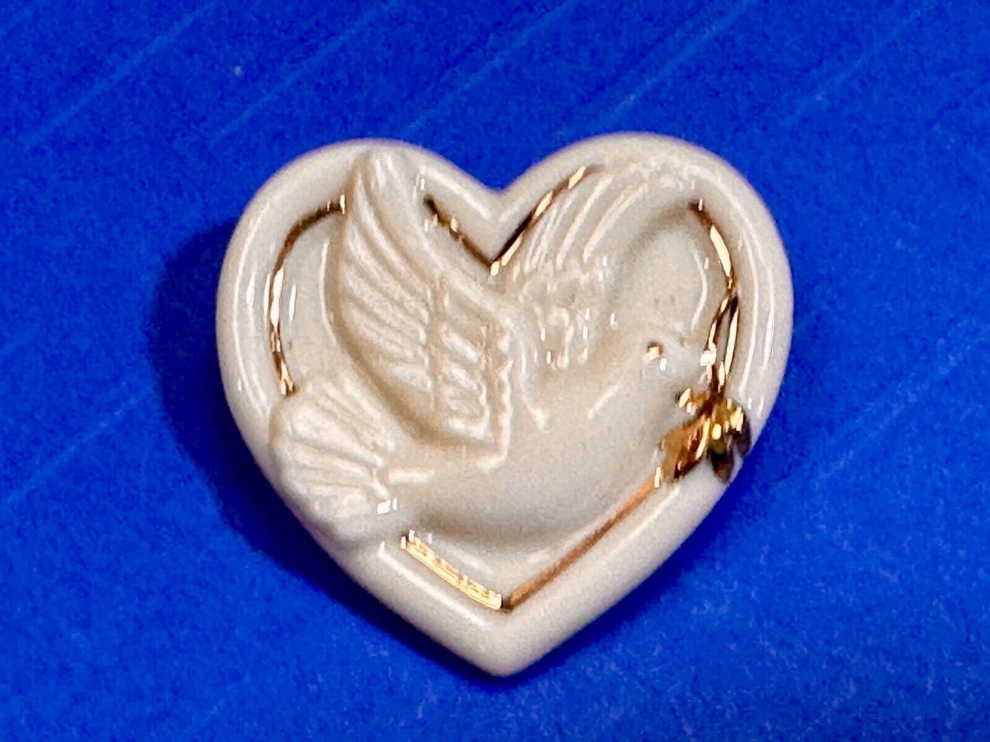 Vintage Lenox Heart Shaped Brooch with Peace Dove & Olive Branch, Gold Trim