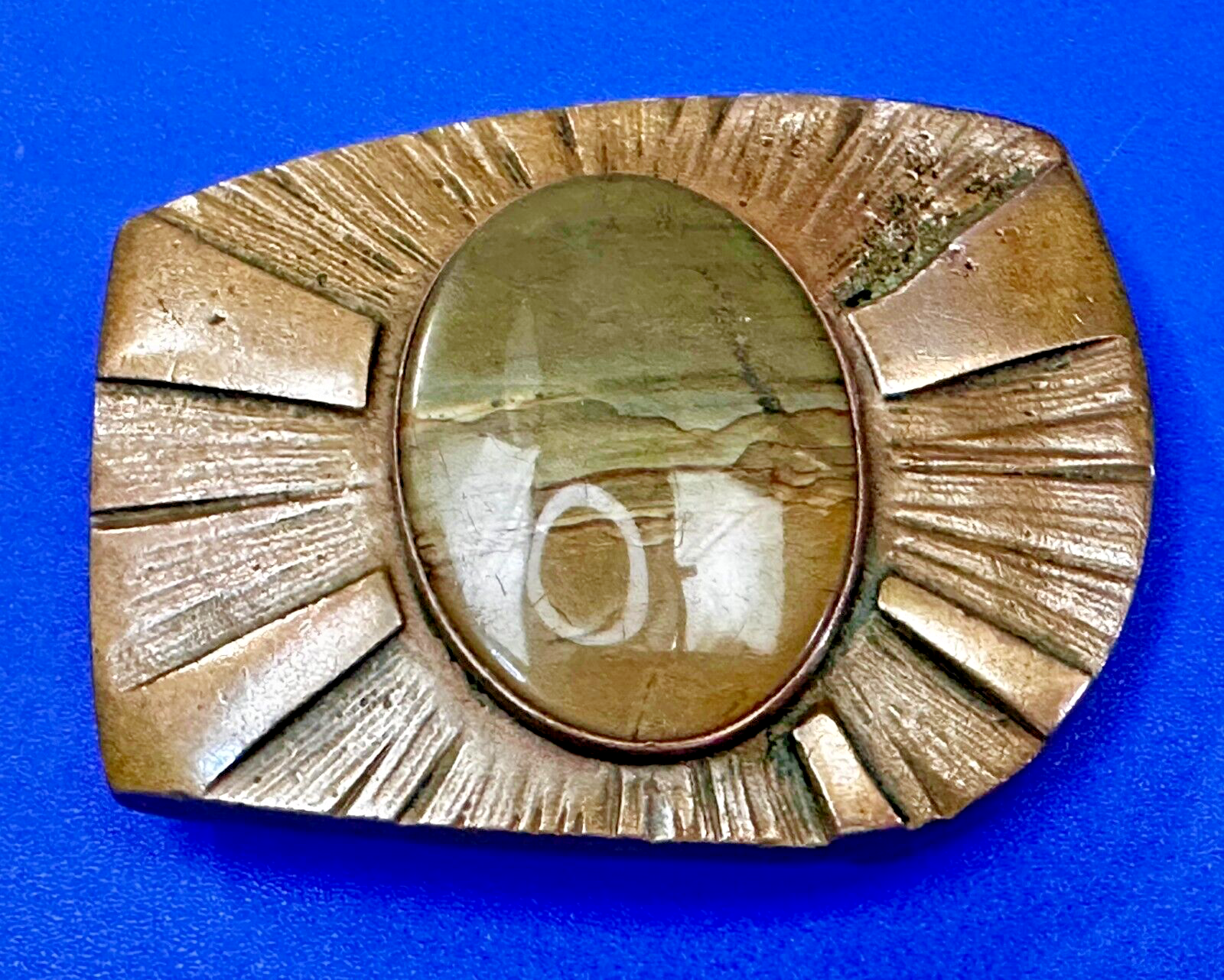 Art Deco Picture Jasper Cabochon Stone In Artisan Hippy Vibe Brass Belt Buckle