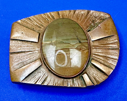 Art Deco Picture Jasper Cabochon Stone In Artisan Hippy Vibe Brass Belt Buckle
