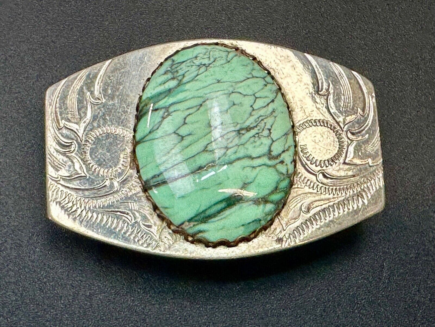 Variscite? Green  Gem Stone Cabochon Centerpiece on Nickel Silver Belt Buckle