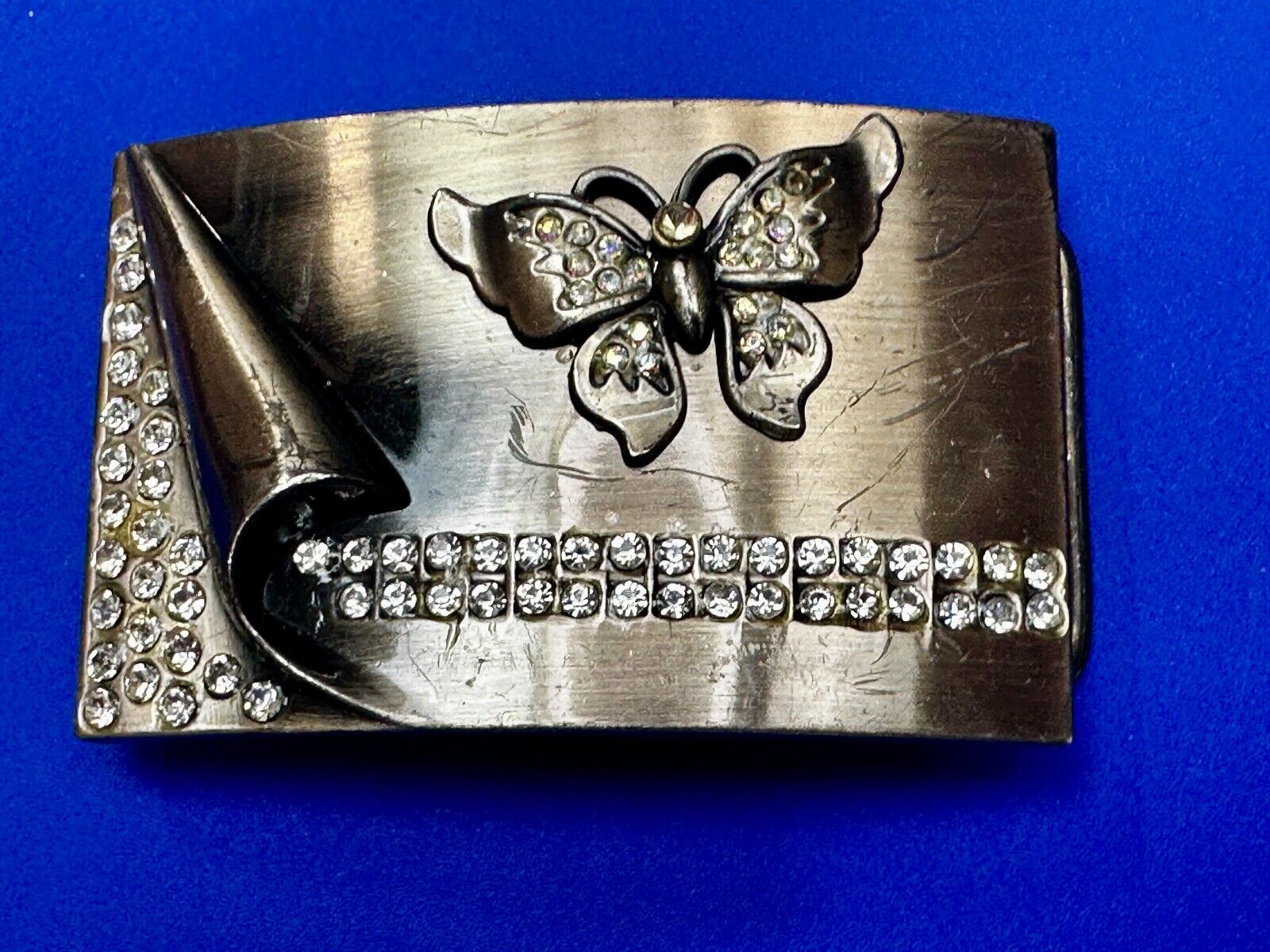 Unique Butterfly Theme Rhinestone Accented Vintage Silver Tone Belt Buckle