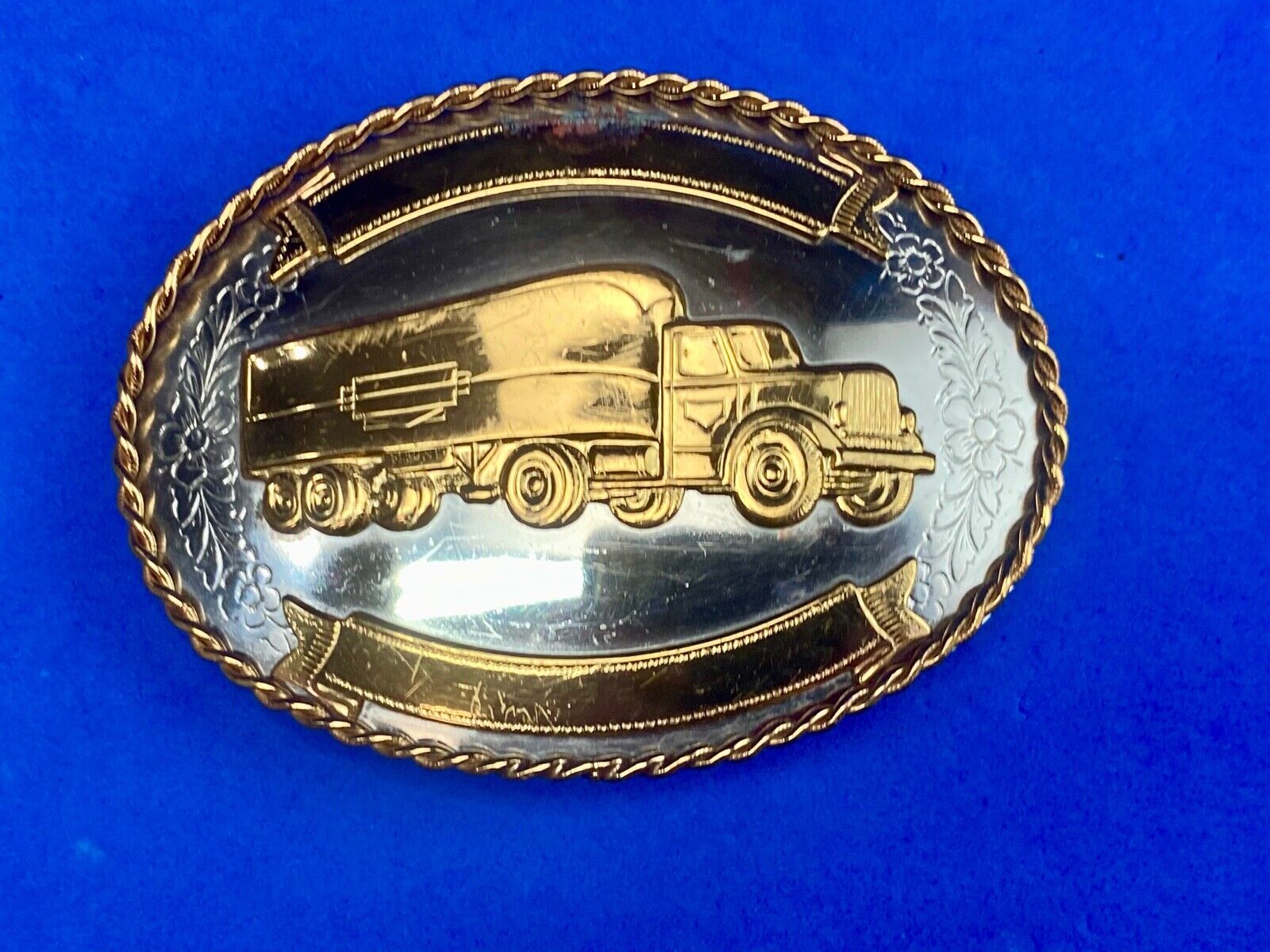Vintage German silver Semi Driver Big Rig blank award ribbon scroll belt buckle 