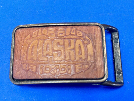 vintage Alaska Rodeo Faux? leather and brass western cowboy belt buckle