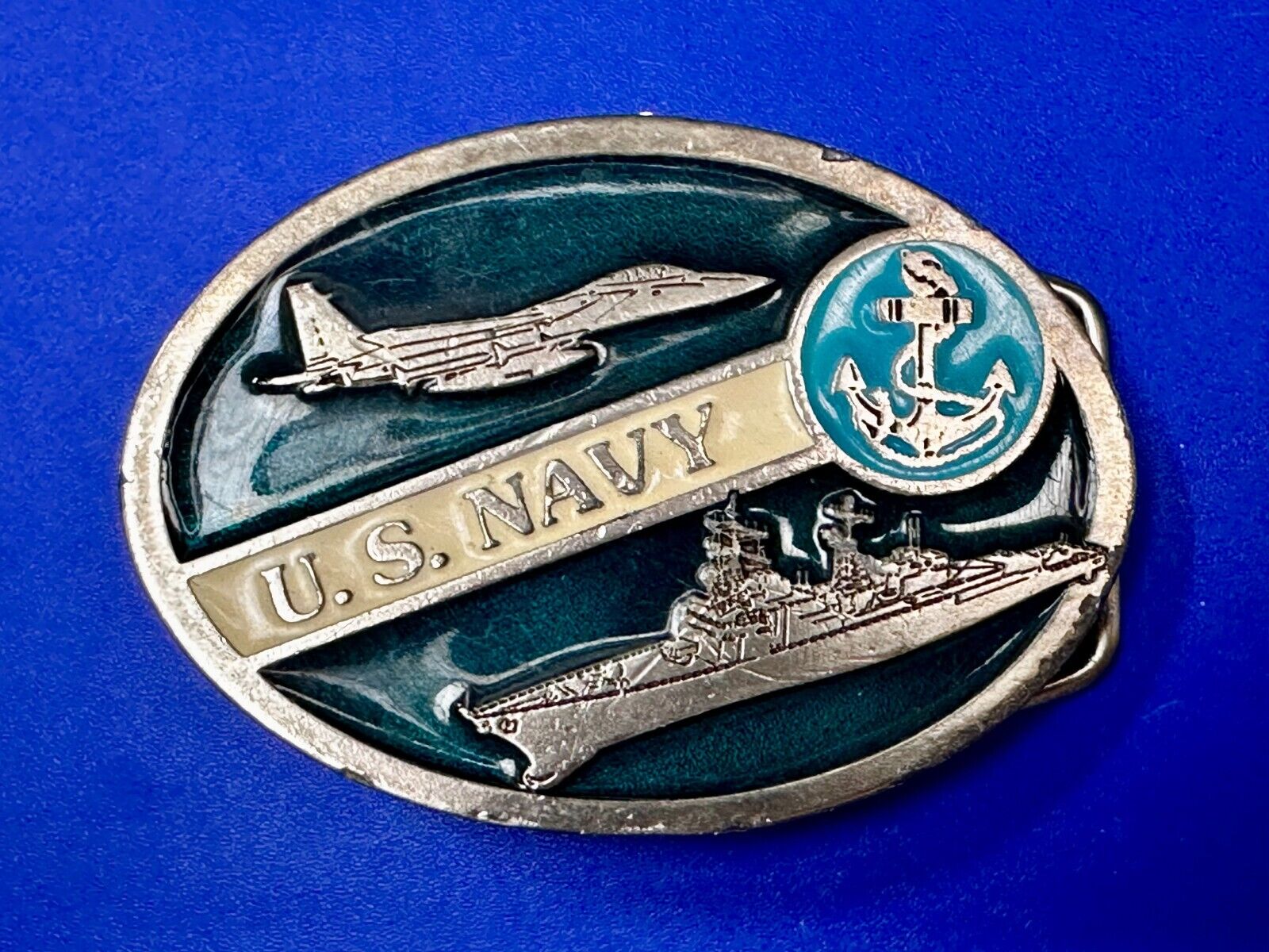 US Navy Fighter Jet Battleship Blue Anchor Vintage 3" Wide Belt Buckle #2260