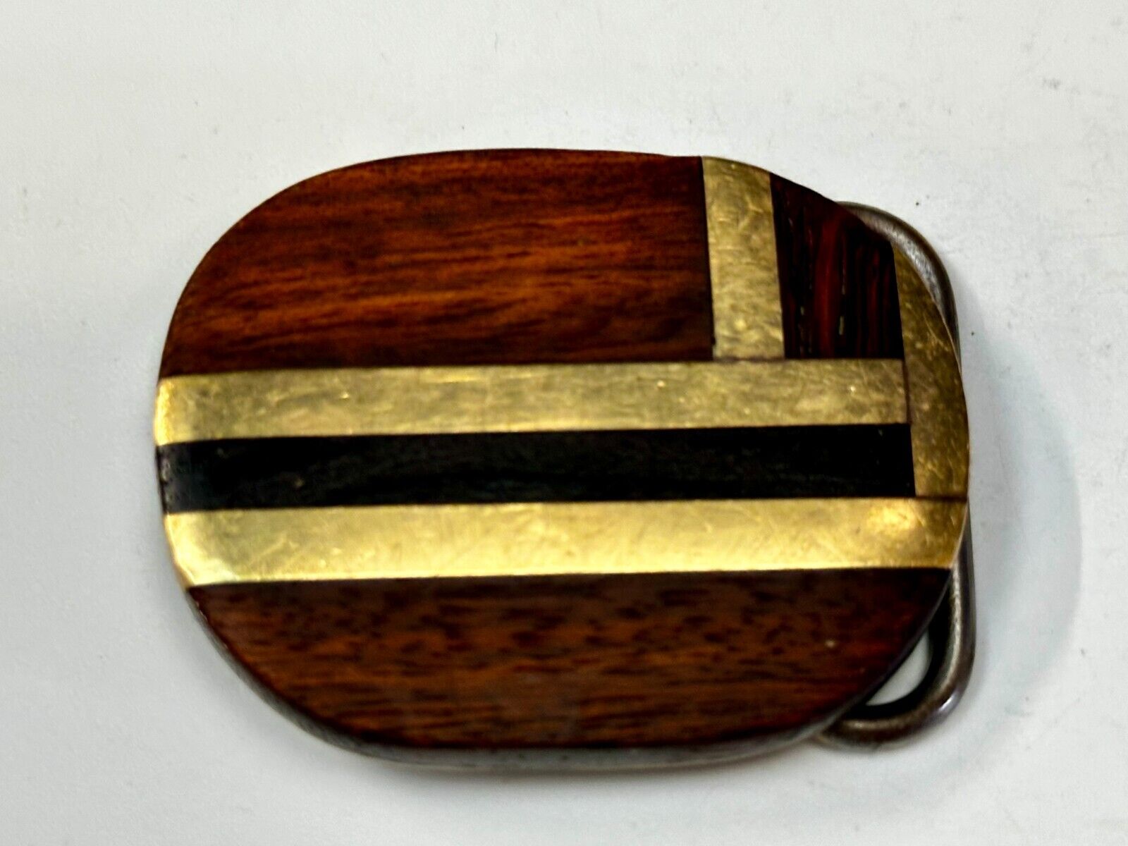 Vintage Artisan Inlay Mixed Wood And Solid Brass Small Belt Buckle
