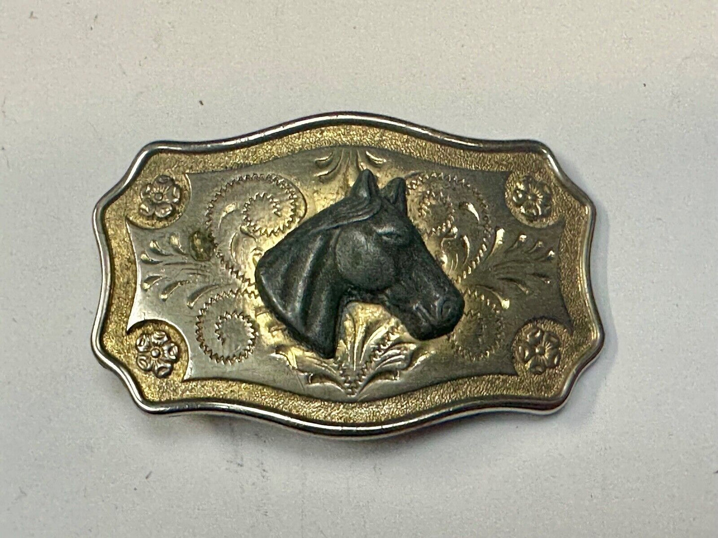Vintage Horse head - Two tone western flower swirl belt buckle