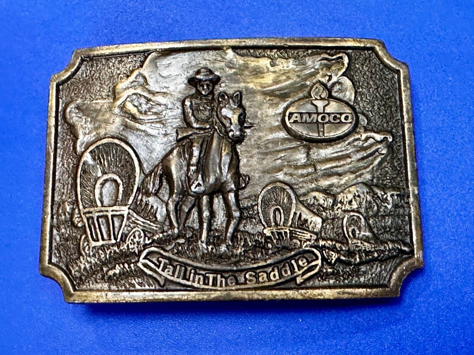 Amoco Oil Tall in the Saddle Wagon Brass Tone Western Cowboy Horse Belt Buckle