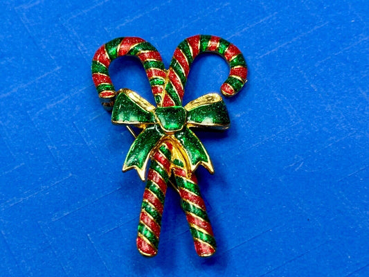 Vintage Candy Cain Pair with bow Christmas Holliday Brooch by AAI