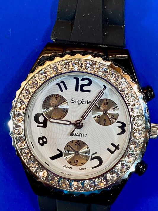 Black Band Rhinestone Accented Women's Sophie Watch - Fresh Battery 