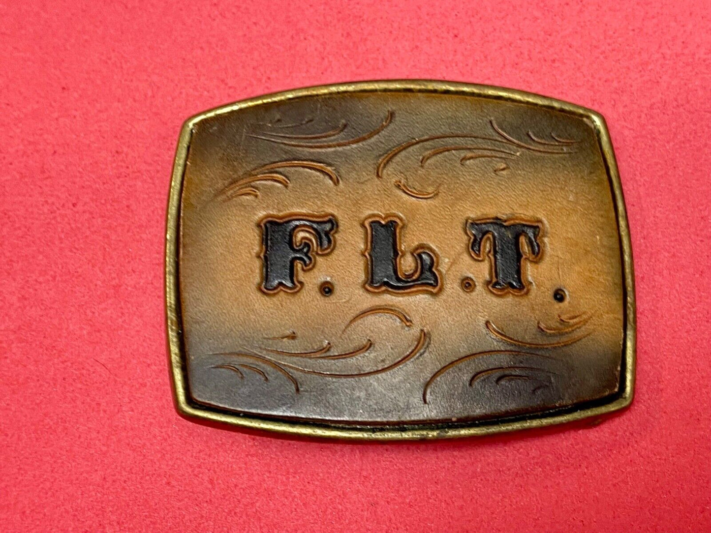 Vintage Initials Letters F. L. T.  leather and brass tone western belt buckle