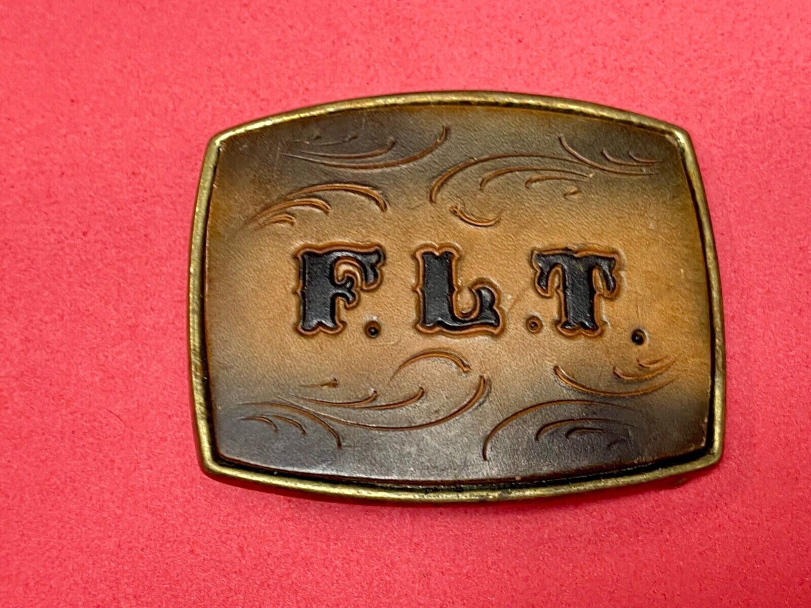 Vintage Initials Letters F. L. T.  leather and brass tone western belt buckle