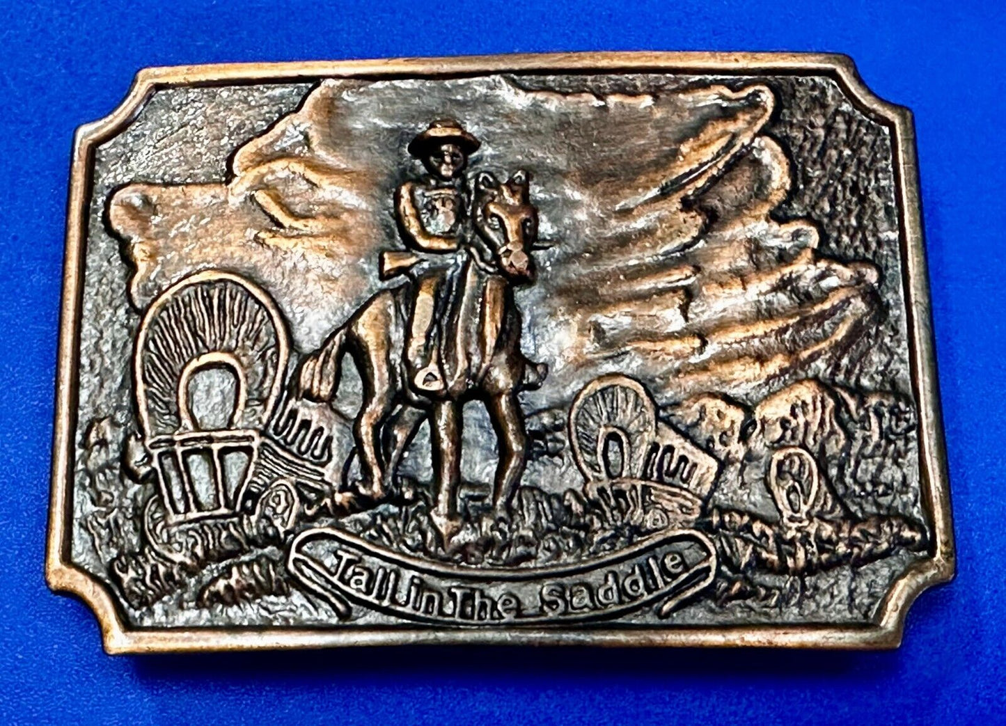 Tall in the Saddle Wagon Cowboy Horse Western Art Scene Vintage Belt Buckle