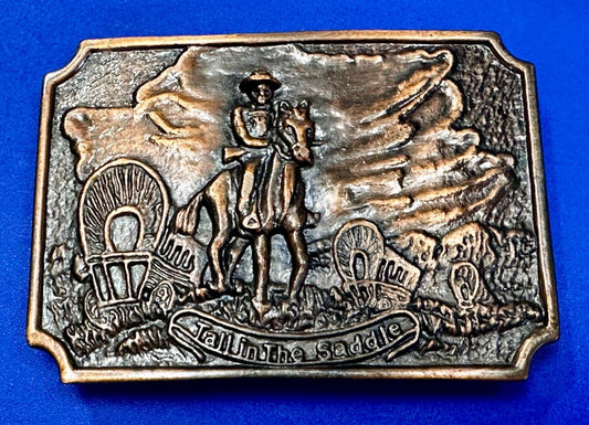 Tall in the Saddle Wagon Cowboy Horse Western Art Scene Vintage Belt Buckle