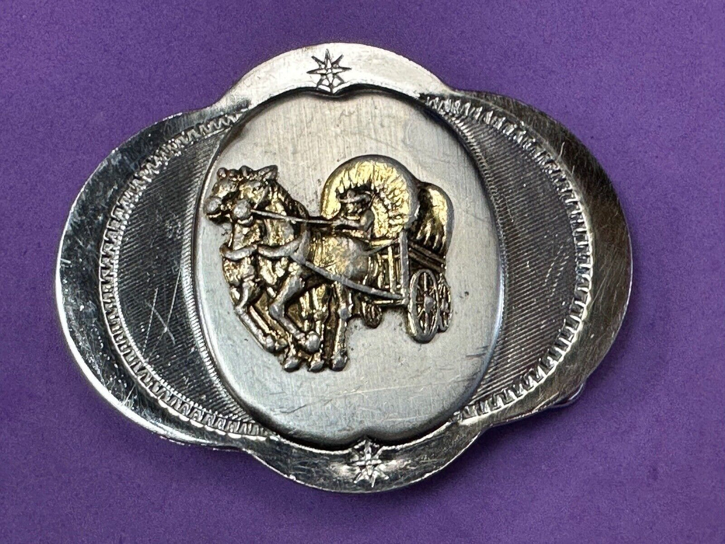 Vintage Horse Drawn Covered wagon on ornate western two tone belt buckle