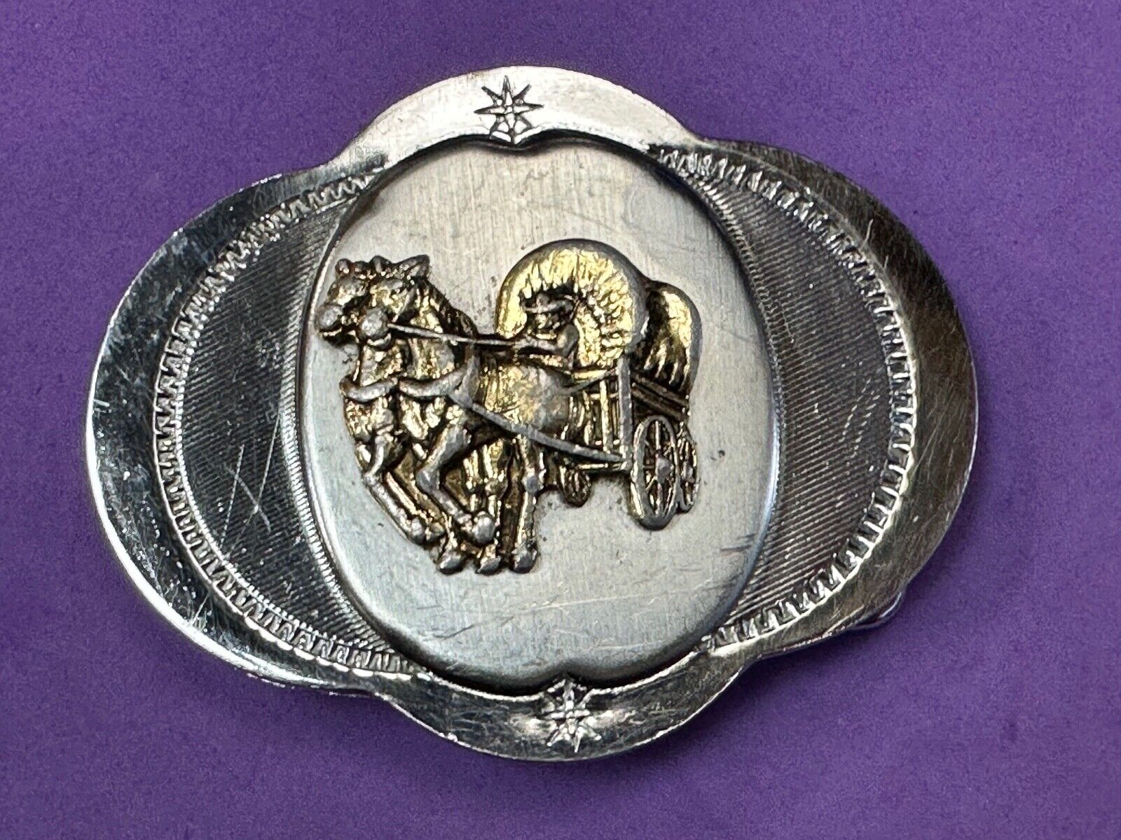 Vintage Horse Drawn Covered wagon on ornate western two tone belt buckle