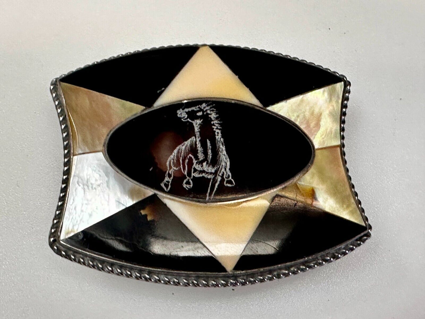 Antique Etched Bronco Mother of Pearl Inlay Artisan Silver? Belt Buckle