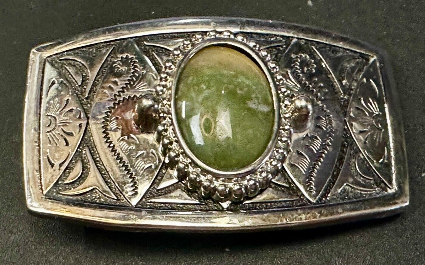 Vesuvianite? Cabochon Cab Centerpiece - Western silver & black color Belt Buckle