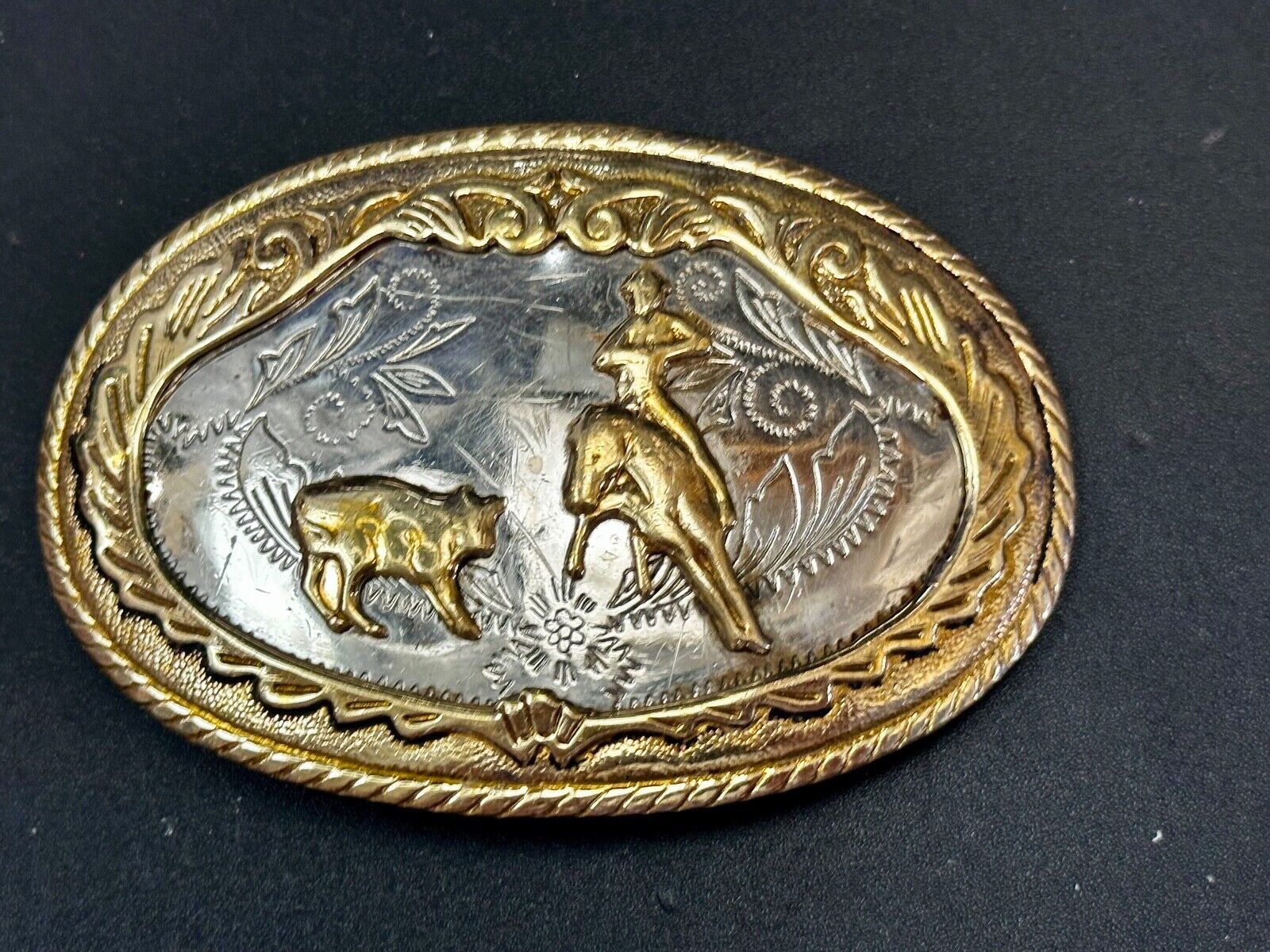 Beautiful Cowboy Ropeing Scene Vintage German Silver Belt Buckle - Awesome Detai