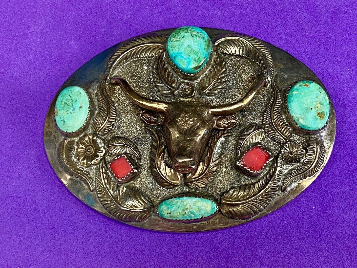 Turquoise & Coral Longhorn Western Belt Buckle By D.K.S. Dieter K.Stiglitz 