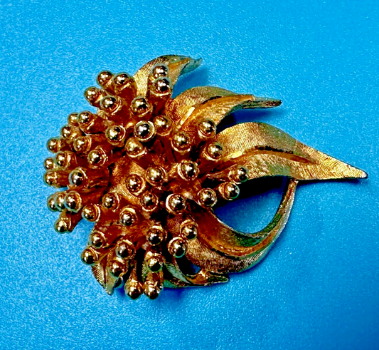 Vintage Flower Textured Brushed Gold Tone Brooch Pin Signed by BSK