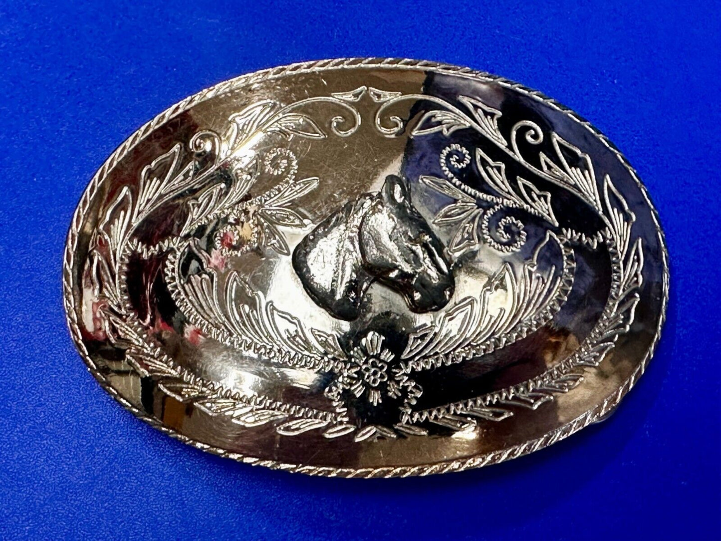 Vintage Horse Head Rodeo Flower Swirl Silver Tone Belt Buckle