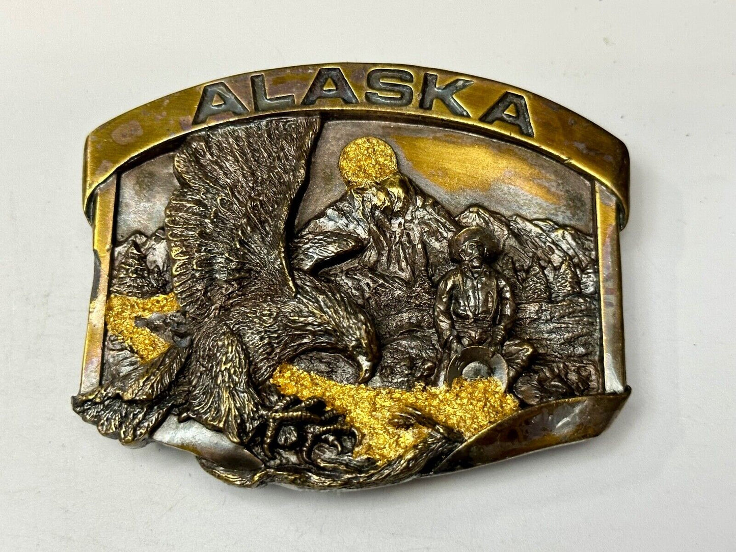 Alaska Gold Rush Mining Panning gold tone Vintage 1984 Siskiyou Belt Buckle