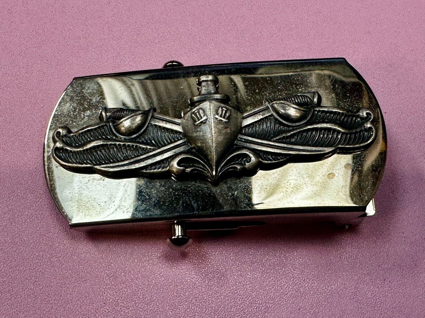 US Navy Naval Surface Warfare Army Solid Brass Silver Tone Vanguard Belt Buckle