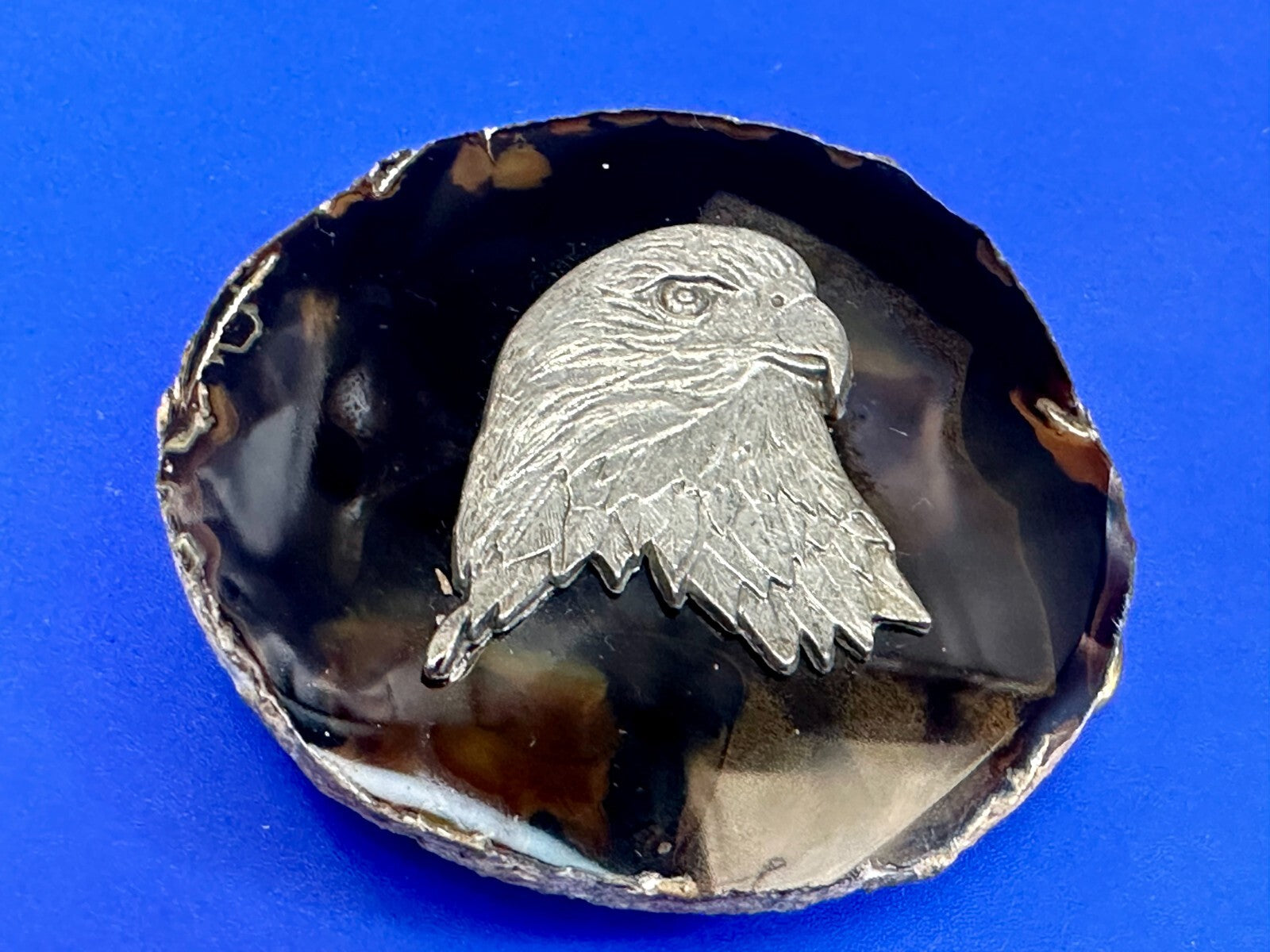 American Bald Eagle Head Carved Metal on Natural Stone Vintage Belt Buckle