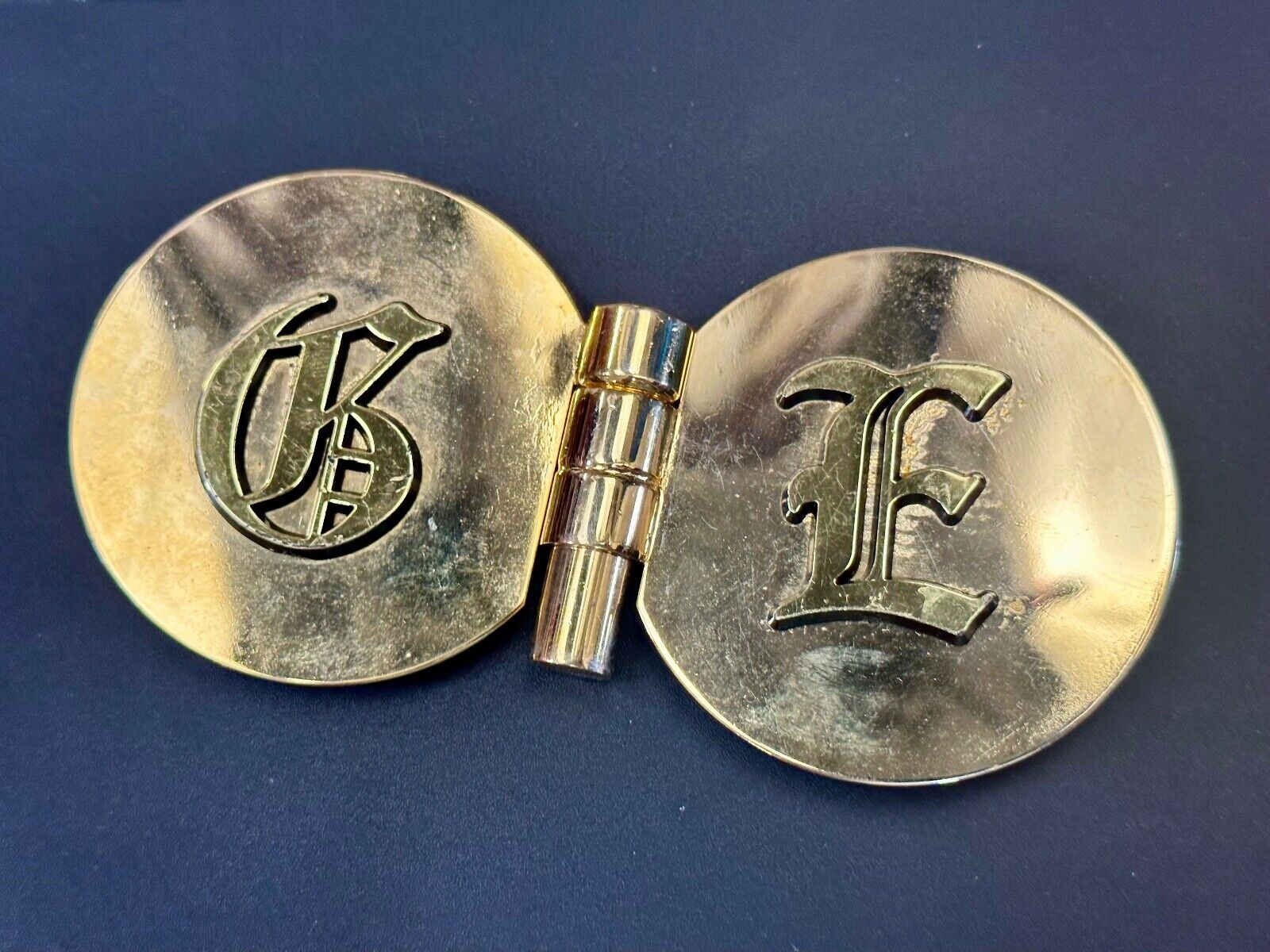 vintage initials letter GE? Hinged gold tone belt buckle