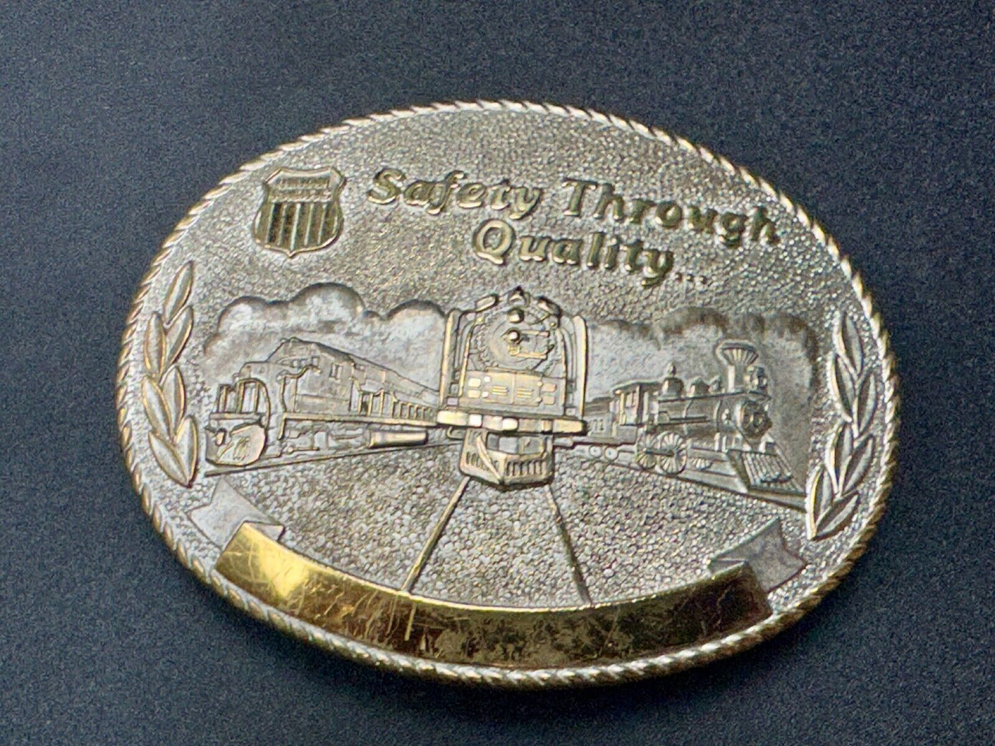 Union Pacific Rail Road SAFETY THROUGH QUALITY Train Engine STOTTS belt buckle