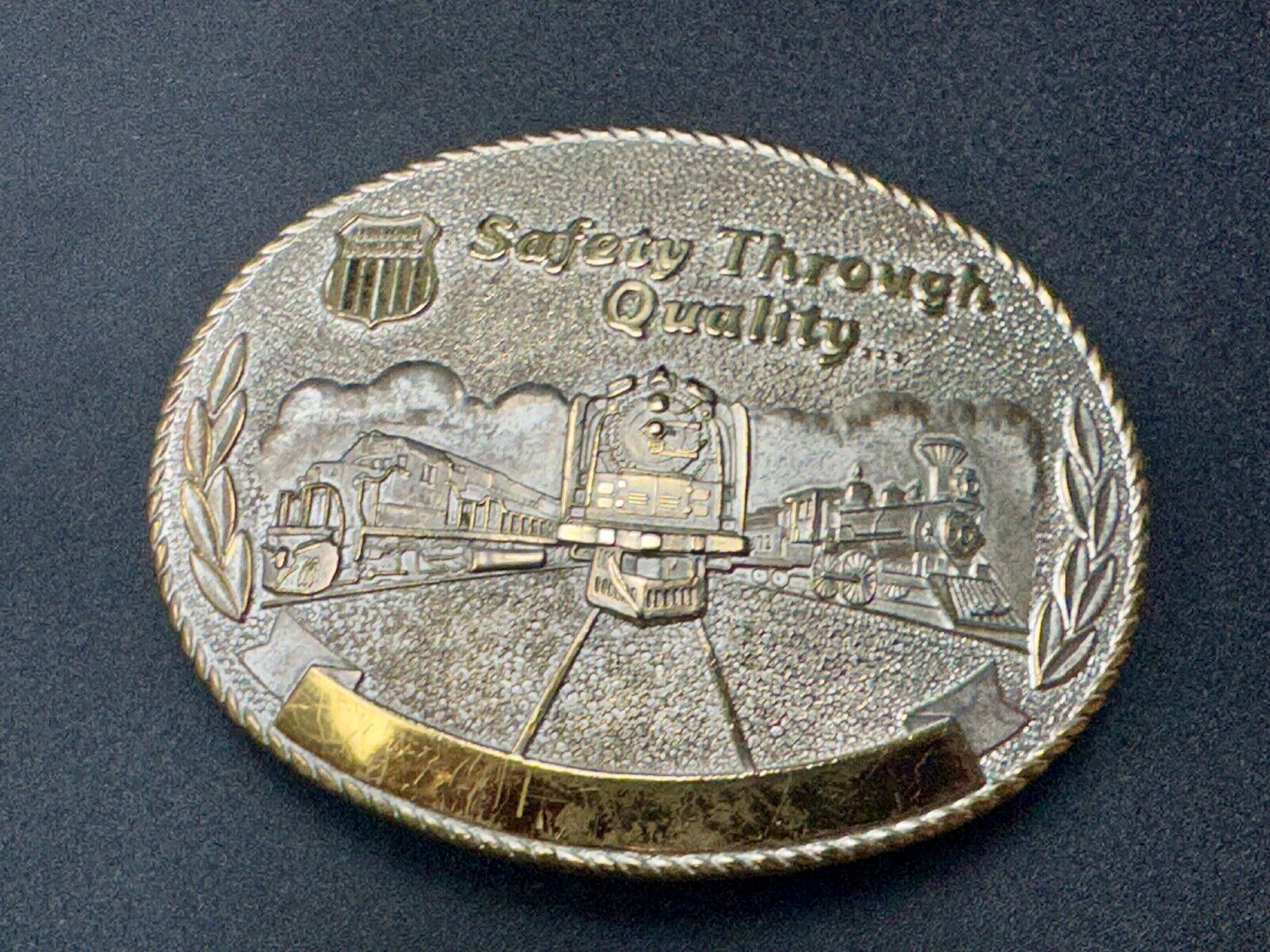 Union Pacific Rail Road SAFETY THROUGH QUALITY Train Engine STOTTS belt buckle