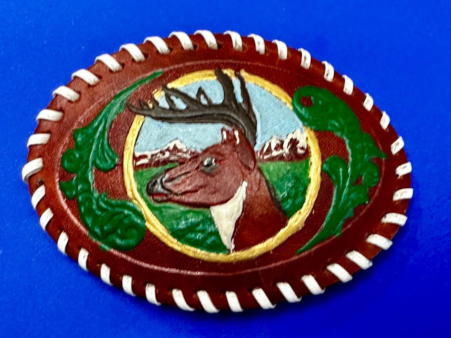 Artisan Leather Deer hand stitched large Vintage Belt Buckle
