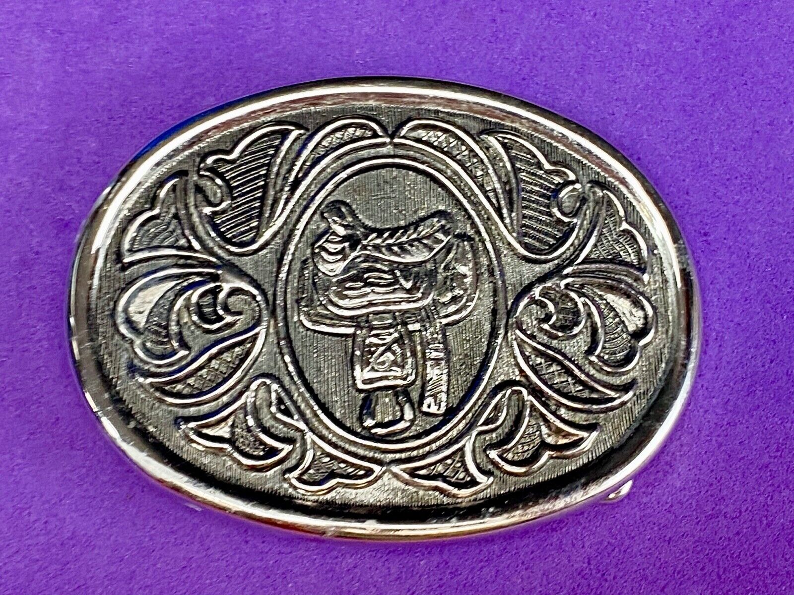 Avon Silver Color Belt Buckle W/Horse Saddle Design Cowboy Western Rodeo 
