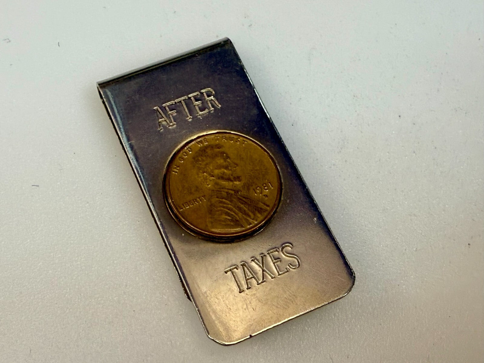 After Taxes! Single Lincoln 1981 Penny Vintage Funny Bill Cash Holder Money Clip