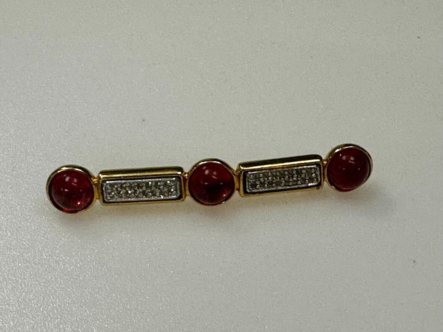 Three Red Round Glass? Vintage Gold Tone Bar Brooch Pin Signed by Ben-Amun