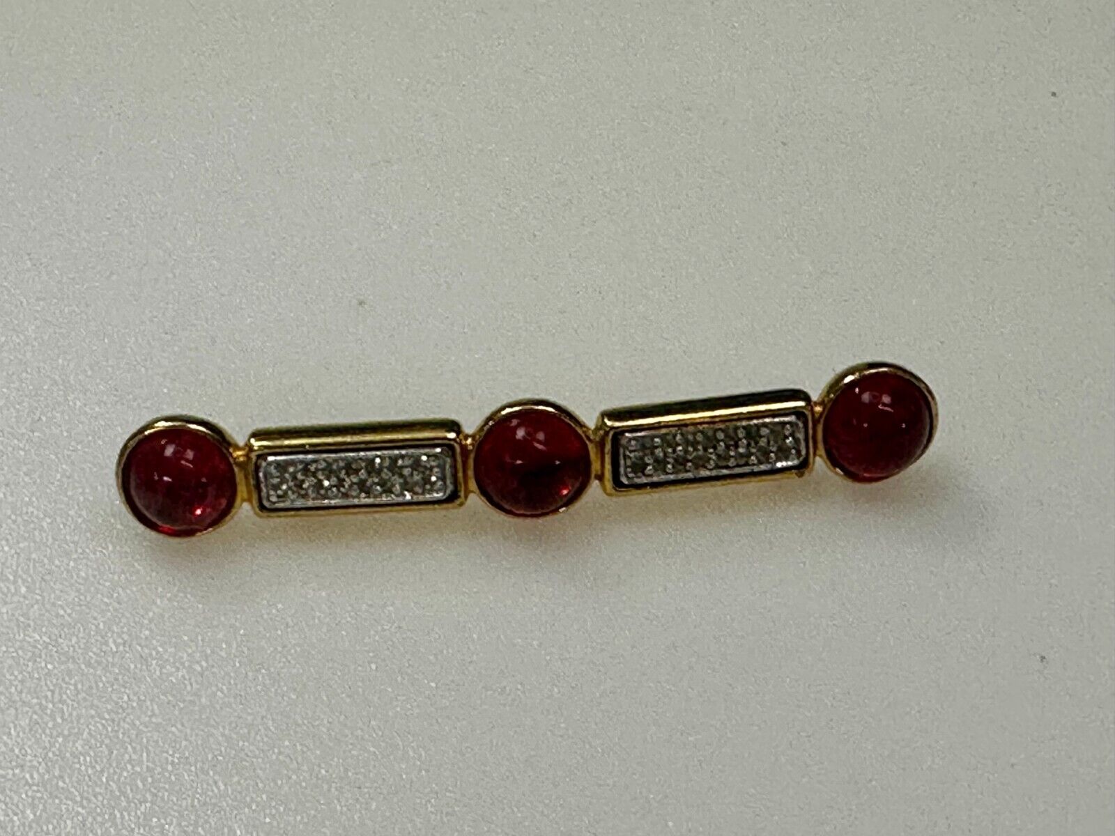 Three Red Round Glass? Vintage Gold Tone Bar Brooch Pin Signed by Ben-Amun
